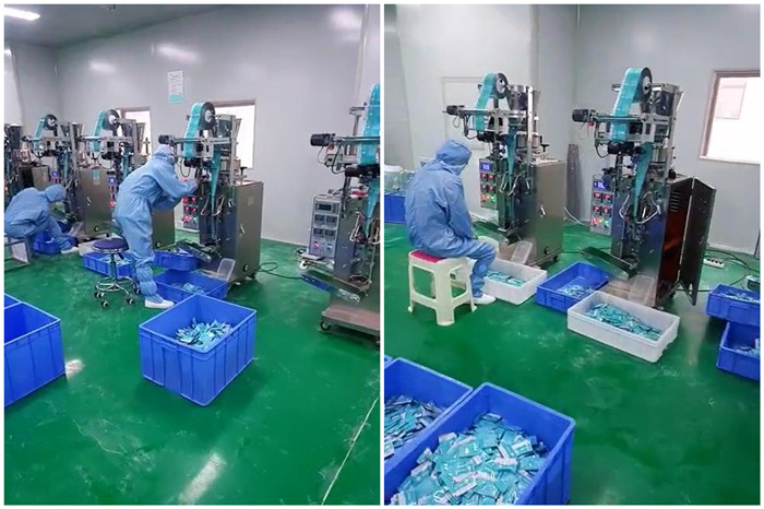 湖南可孚醫療科技發展有限公司車間-工作人員正在測試抑菌粉自動包裝機-小袋食品藥品粉末包裝機生產